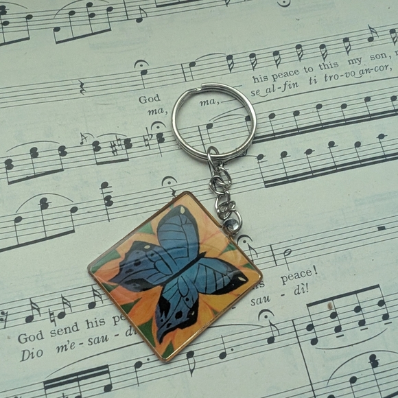 Butterfly Keychain with Blue and Orange Design - Picture 1 of 7